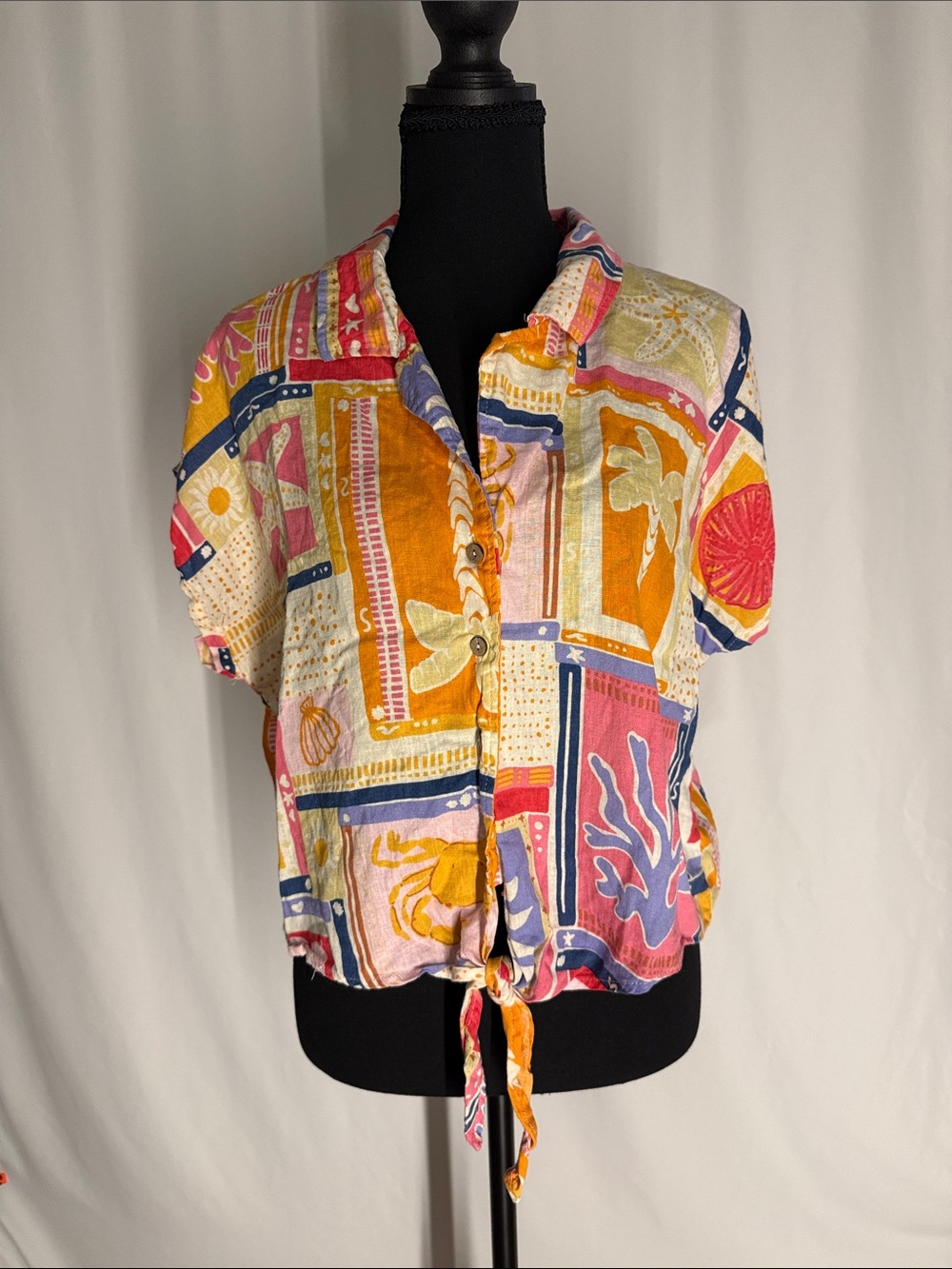 Vintage-Inspired Multicolor Tie-Front Button Shirt - Women - Picture 1 of 7